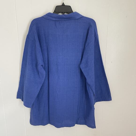 Oversized Blue Cotton Button Down Shirt Boxy Fit Textured Gauze Lagenlook M - Picture 2 of 8